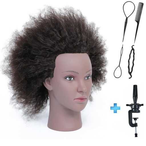 RUISIMEI Afro Cvičná hlava s 100% pravými vlasmi – Kadernícka cvičná hlava pre afroamerické účesy, zapletanie, so stolným upevnením