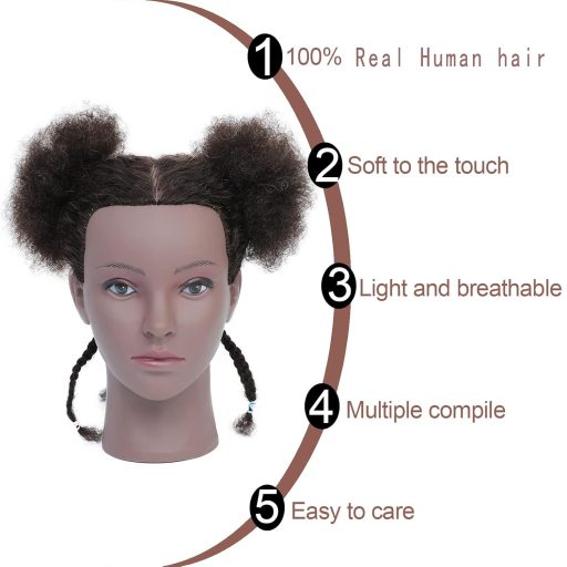 RUISIMEI Afro Cvičná hlava s 100% pravými vlasmi – Kadernícka cvičná hlava pre afroamerické účesy, zapletanie, so stolným upevnením