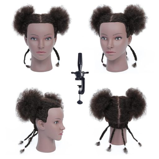RUISIMEI Afro Cvičná hlava s 100% pravými vlasmi – Kadernícka cvičná hlava pre afroamerické účesy, zapletanie, so stolným upevnením