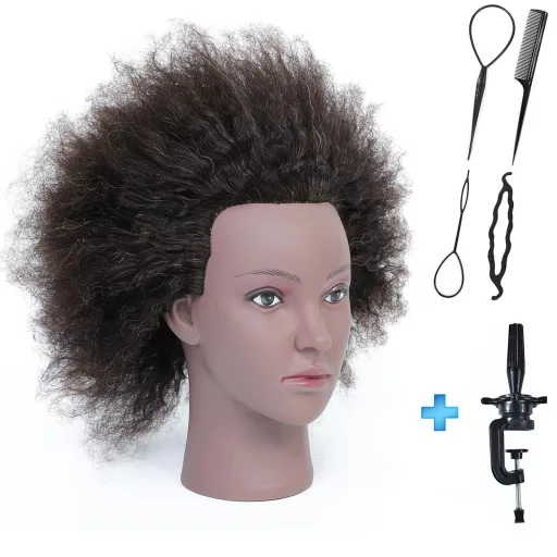 RUISIMEI Afro Cvičná hlava s 100% pravými vlasmi – Kadernícka cvičná hlava pre afroamerické účesy, zapletanie, so stolným upevnením