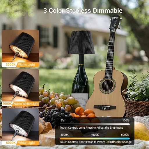 nulmvic LED staklena stolna lampa Bijela - Punjiva 5200mAh, Zatamnjiva, 3 boje, Kontrola na dodir, IP54 Vodootporna