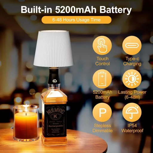 nulmvic LED Üveg Asztali Lámpa Fehér - Töltödhető 5200mAh, Dimmelhető 3 Szín, Érintésvezérlés, IP54 Vízálló