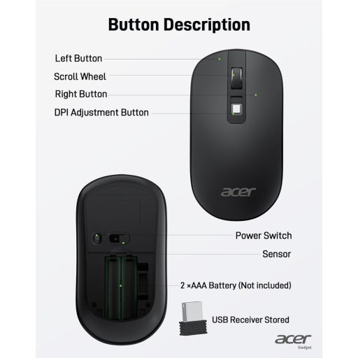 Acer Wireless Egér 2.4GHz USB Vevővel, 1600 DPI, Ultravékony Hordozható Számítógép Egér