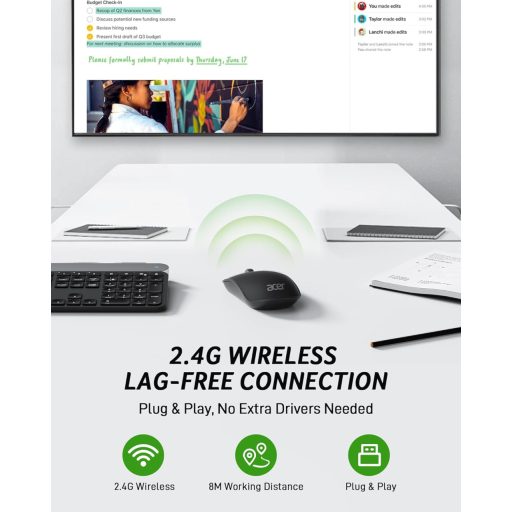 Acer Wireless Egér 2.4GHz USB Vevővel, 1600 DPI, Ultravékony Hordozható Számítógép Egér
