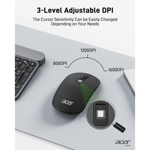 Acer Wireless Egér 2.4GHz USB Vevővel, 1600 DPI, Ultravékony Hordozható Számítógép Egér