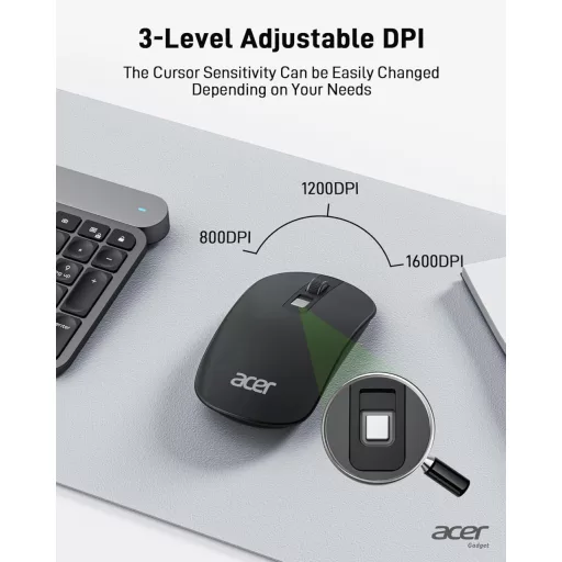 Mouse Wireless Acer cu Receptor USB 2.4GHz, 1600 DPI, Mouse de Laptop Ultra-subțire și Portabil