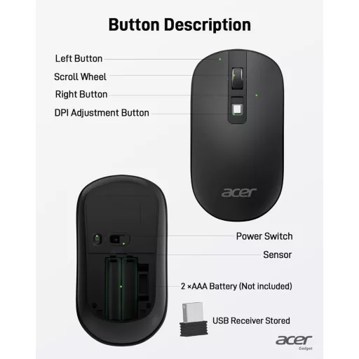 Mouse Wireless Acer cu Receptor USB 2.4GHz, 1600 DPI, Mouse de Laptop Ultra-subțire și Portabil