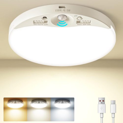 zemty Akkumulátoros Mennyezeti Lámpa Mozgásérzékelővel - 16 cm Kerek LED Lámpatest, 3 Színhőmérséklet, Tölthető, Vezeték Nélküli, Fürdőszobá