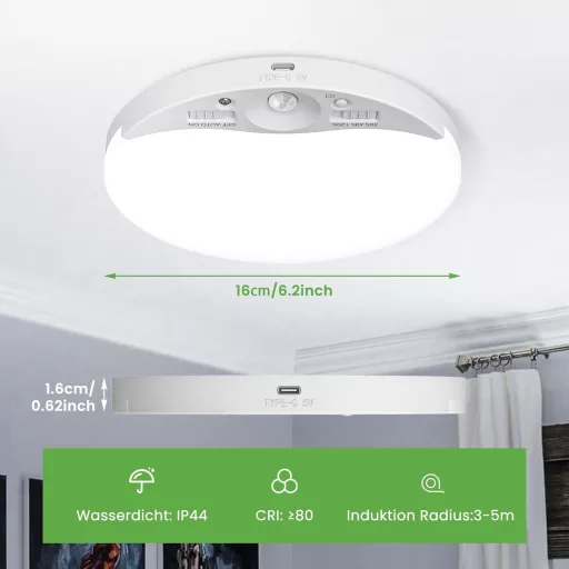 zemty Akumulátorové stropné svietidlo so snímačom pohybu - 16 cm okrúhle LED svietidlo, 3 teploty farieb, nabíjateľné, bezdrôtové, do kúpeľne