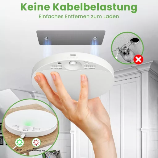 zemty Akkumulátoros Mennyezeti Lámpa Mozgásérzékelővel - 16 cm Kerek LED Lámpatest, 3 Színhőmérséklet, Tölthető, Vezeték Nélküli, Fürdőszobá