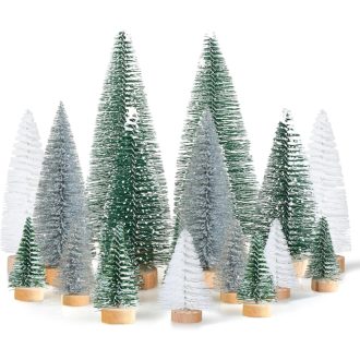   Kieswan 16-dielna sada mini vianočných stromčekov, zelená, strieborná, biela, umelý vianočný stromček, 4,5 – 15 cm, dekorácia na stôl