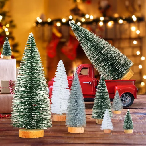 Kieswan 16 db Mini Karácsonyfa Szett Zöld Ezüst Fehér Mű Karácsonyfa 4,5-15 cm Asztali Dekoráció