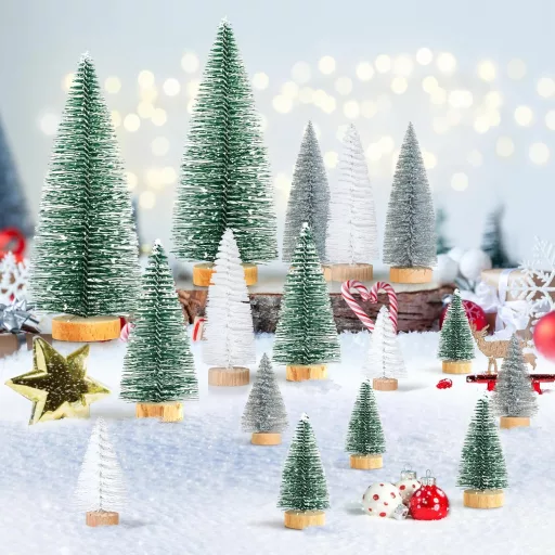 Kieswan 16 db Mini Karácsonyfa Szett Zöld Ezüst Fehér Mű Karácsonyfa 4,5-15 cm Asztali Dekoráció