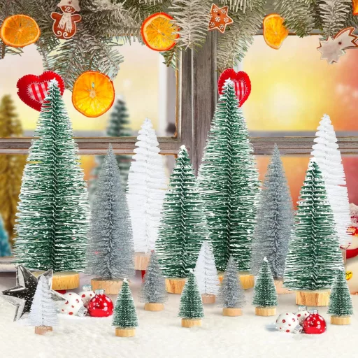 Kieswan 16 db Mini Karácsonyfa Szett Zöld Ezüst Fehér Mű Karácsonyfa 4,5-15 cm Asztali Dekoráció