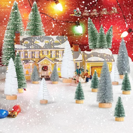 Kieswan 16 db Mini Karácsonyfa Szett Zöld Ezüst Fehér Mű Karácsonyfa 4,5-15 cm Asztali Dekoráció