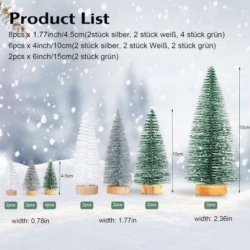 Kieswan 16 db Mini Karácsonyfa Szett Zöld Ezüst Fehér Mű Karácsonyfa 4,5-15 cm Asztali Dekoráció