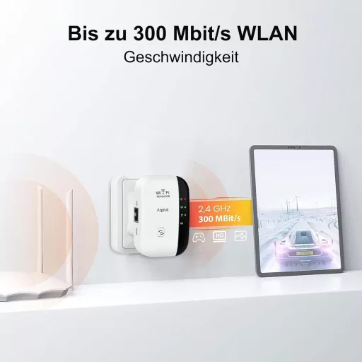 aigolink WiFi Jelerősítő 300 Mbps - Fehér Vezeték Nélküli Repeater Ethernet Porttal, WPS Gombbal, AP Móddal, Kompakt Dizájnnal és Kikapcsolh
