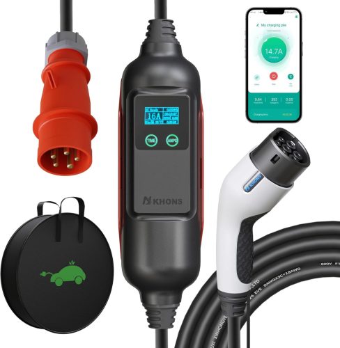 Youwoauto 11KW 3-fázisú Hordozható Wallbox Töltőállomás - Type 2 Töltőkábel CEE Csatlakozóval, Állítható Töltőteljesítmény, Applikációs Vezé