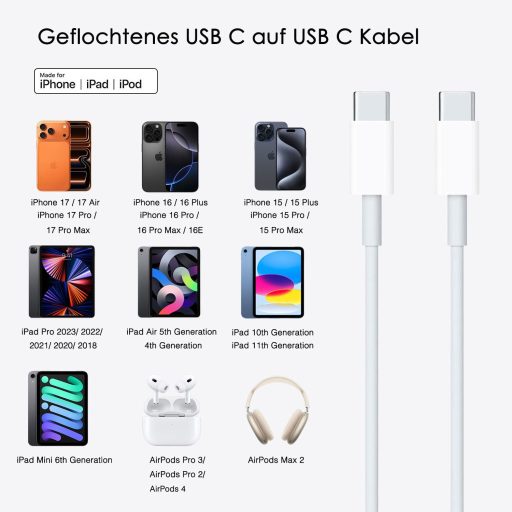 XQO USB-C töltőkábel AirPods Max/Pro/4 és iPhone 16/17 készülékekhez, fonott nylon kábel