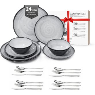   La Joventino 24 részes melamin étkészlet, törhetetlen kempingszett tányérokkal, evőeszközökkel, szürke, kültéri-beltéri használatra, mosogat