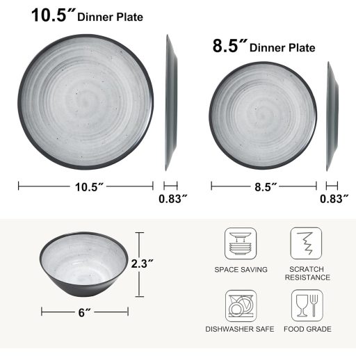 Set de veselă Joventino, 24 de piese, din melamină, set de camping incasabil cu farfurii și tacâmuri, gri, pentru utilizare în interior și exterior, lavabil în mașina de spălat vase.