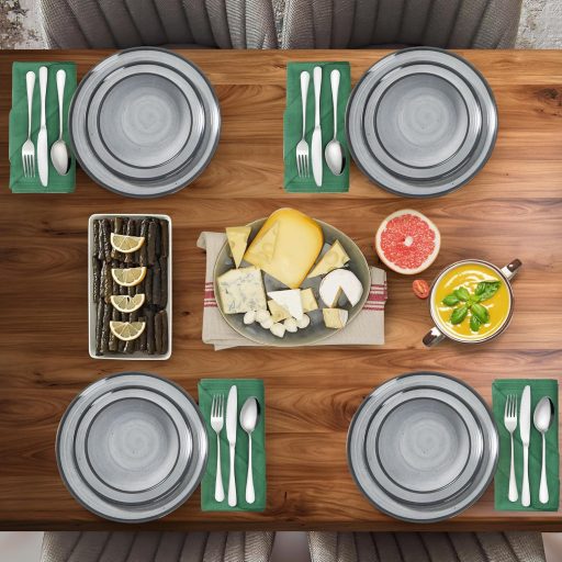 Set de veselă Joventino, 24 de piese, din melamină, set de camping incasabil cu farfurii și tacâmuri, gri, pentru utilizare în interior și exterior, lavabil în mașina de spălat vase.