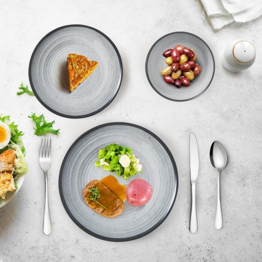 Set de veselă Joventino, 24 de piese, din melamină, set de camping incasabil cu farfurii și tacâmuri, gri, pentru utilizare în interior și exterior, lavabil în mașina de spălat vase.