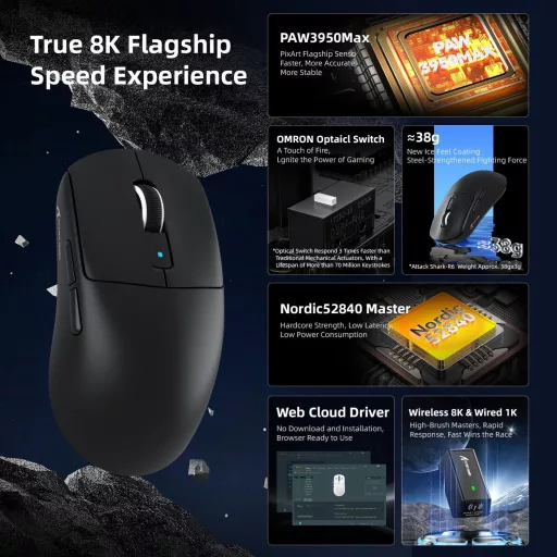 MAMBASNAKE ATTACK SHARK R6 39g Wireless Gaming Egér PAW3950MAX Szenzor 8K DPI42000