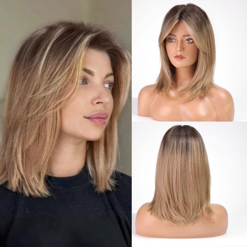 HAIRCUBE Női Paróka 40 cm Ombre Világosbarna Frufruval - Hullámos Szintetikus Paróka Hétköznapi és Cosplay Használatra