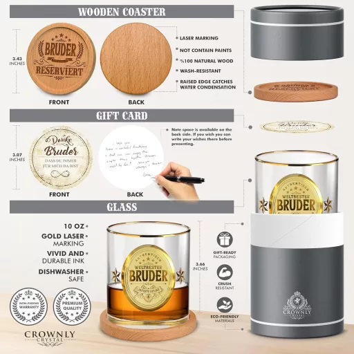 Pahar de whisky gravat CROWNLY CRYSTAL pentru frate, cadou personalizat