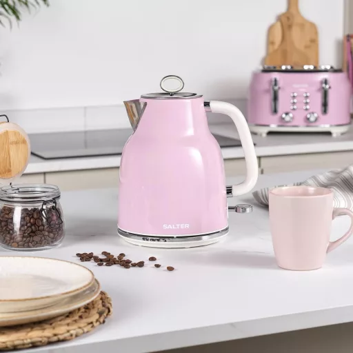 Salter Retro 1,7L Vízforraló 3kW Vezeték Nélküli Rózsaszín Szűrővel