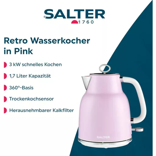 Salter Retro 1,7L Vízforraló 3kW Vezeték Nélküli Rózsaszín Szűrővel