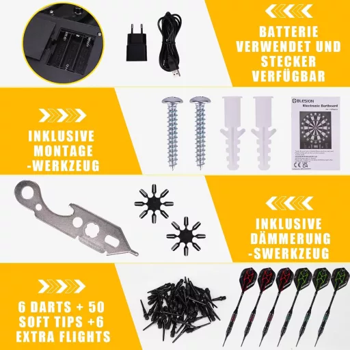 BLESION Elektronikus Darts Tábla 6 Nyíllal, Német Hanggal, Elemmel/Adapterrel Működő