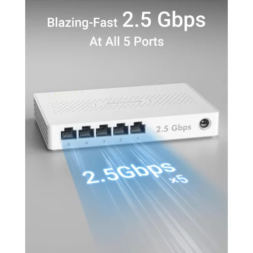 BrosTrend 5-portový 2.5G Ethernet Switch - Nespravovaný sieťový rozbočovač pre herné PC a NAS servery, Plug-and-Play, bez ventilátora