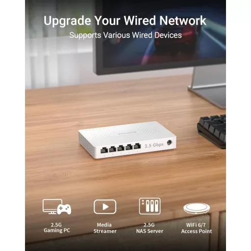BrosTrend 5-Port 2.5G Ethernet Switch - Menedzsment nélküli hálózati elosztó játék PC és NAS szerverekhez, Plug-and-Play, ventilátor nélküli