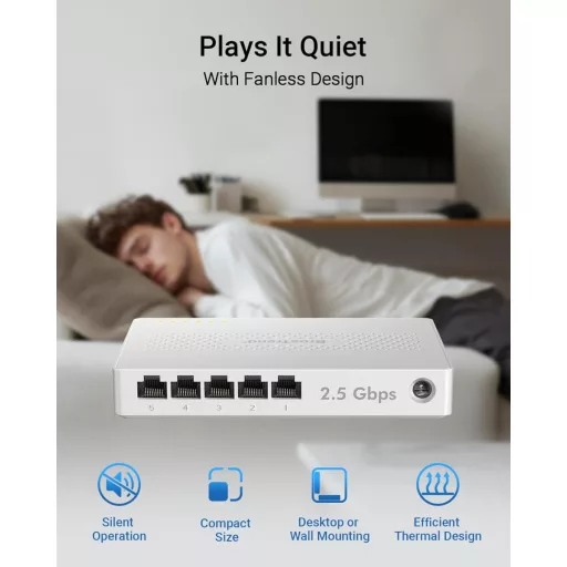 BrosTrend 5-portový 2.5G Ethernet Switch - Nespravovaný sieťový rozbočovač pre herné PC a NAS servery, Plug-and-Play, bez ventilátora