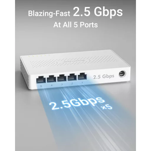 BrosTrend 5-portový 2.5G Ethernet Switch - Nespravovaný sieťový rozbočovač pre herné PC a NAS servery, Plug-and-Play, bez ventilátora
