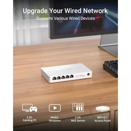 BrosTrend 5-portový 2.5G Ethernet Switch - Nespravovaný sieťový rozbočovač pre herné PC a NAS servery, Plug-and-Play, bez ventilátora