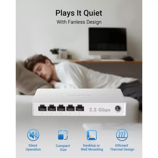 BrosTrend 5-Port 2.5G Ethernet Switch - Menedzsment nélküli hálózati elosztó játék PC és NAS szerverekhez, Plug-and-Play, ventilátor nélküli