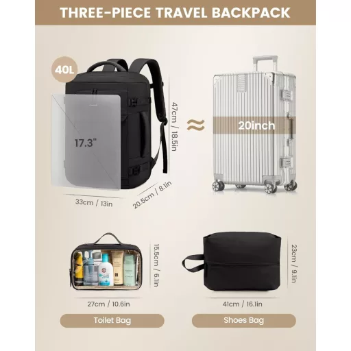 LOVEVOOK 17 hüvelykes utazási hátizsák férfiaknak és nőknek, laptop táska, kézipoggyász, fekete