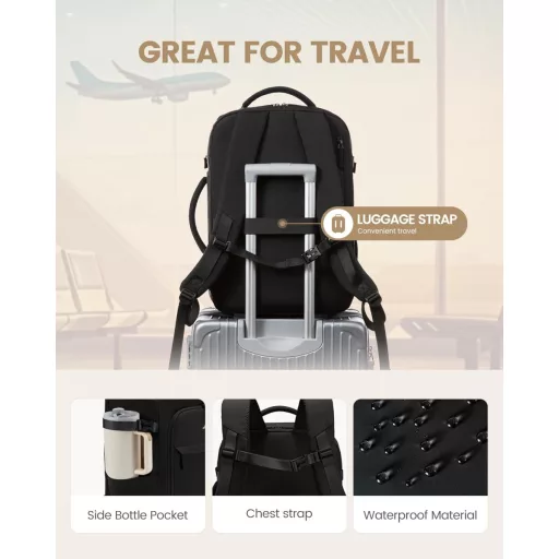 LOVEVOOK 17 hüvelykes utazási hátizsák férfiaknak és nőknek, laptop táska, kézipoggyász, fekete