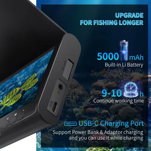 Sonar de pescuit KAOLALI cu cameră subacvatică, ecran IPS de 4.3", baterie de 5000mAh, cablu de 15m, rezistență la apă IP68, pentru pescuit marin, fluvial și la copcă.