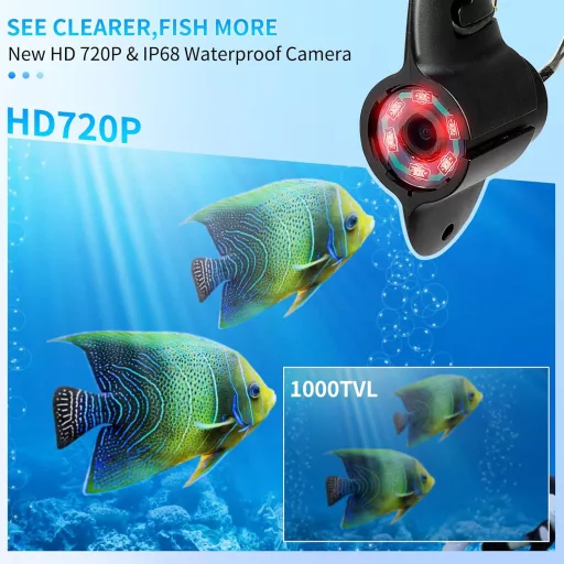 Sonar de pescuit KAOLALI cu cameră subacvatică, ecran IPS de 4.3", baterie de 5000mAh, cablu de 15m, rezistență la apă IP68, pentru pescuit marin, fluvial și la copcă.