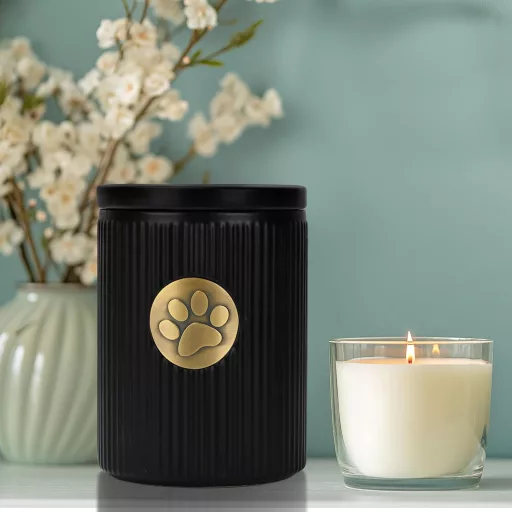 Fekete Kerámia Kisállat Hamvtároló Urna Kutyáknak és Macskáknak Mancs Mintás Fémlappal, Emlék Hamvtartó 500g