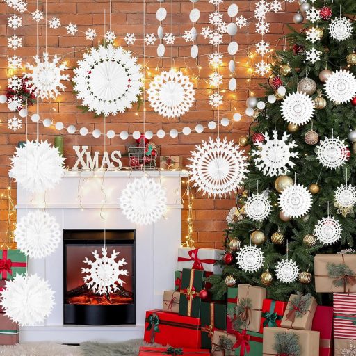 PLULON 12 ks biela vianočná dekorácia snehové vločky, závesný vejárový banner