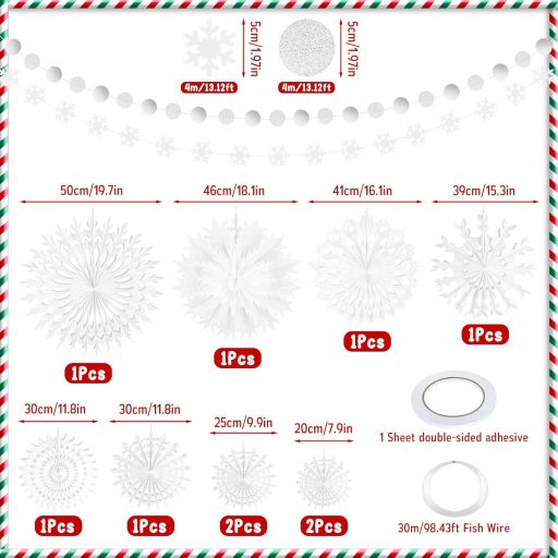 PLULON 12 db fehér hópehely karácsony dekoráció függő legyező banner