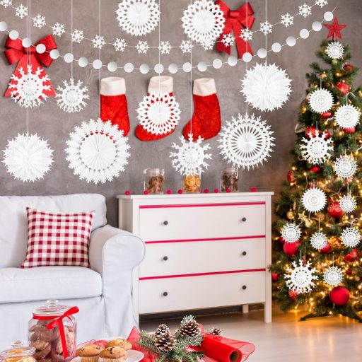 PLULON 12 db fehér hópehely karácsony dekoráció függő legyező banner