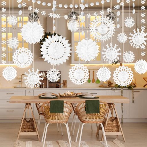 PLULON 12 db fehér hópehely karácsony dekoráció függő legyező banner