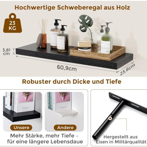 Feihorrm Lebegő Fali Polc Fekete MDF 60cm Szett 2db Konyha Nappali Hálószoba