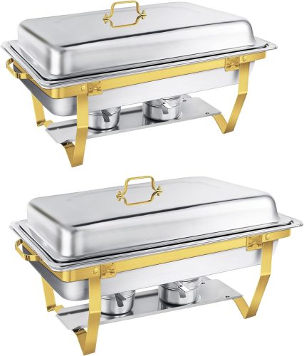 WENMILY Set Încălzitor Mâncare 9L Oțel Inoxidabil - 2 buc. Bain Marie Pătrat Aurii cu Margine Rulantă, pentru Petreceri și Bufete